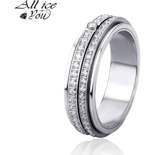 New RotatableTop Iced Out Luxury Cubic Zirconia 2 Rows Ring Stainless Steel Hip Hop Fashion Jewelry Wedding Women Ring For Gift