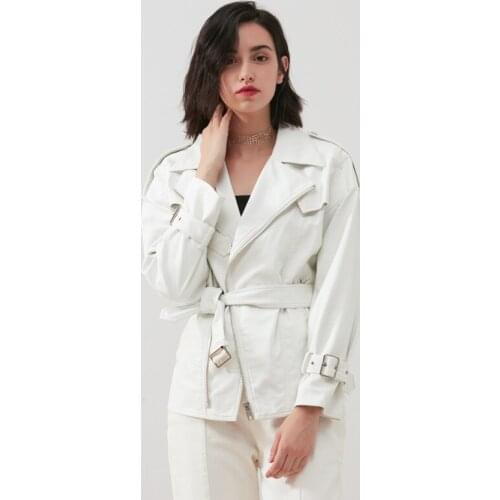 Autumn fashion Locomotive leather jacket female pure white pu leather outerwear was thin leather jackets with belt F1957