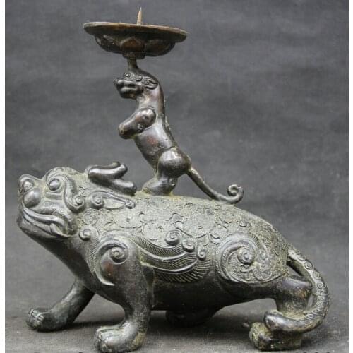 Song voge gem S2449 9" China Chinese Bronze Folk dragon beast animal Candle Holder Candlestick