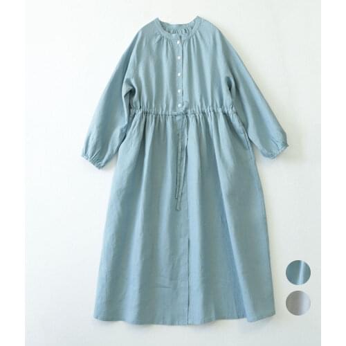 Pure linen dress stand-up collar waist-closed Medium-length dress eight-ninth sleeve autumn new artistic cotton and linen 0831