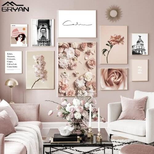 Pink Peony Flower Canvas Prints Peach Blossom Painting Black White Metropolis Building Poster Fashion Woman Wall Picture Art
