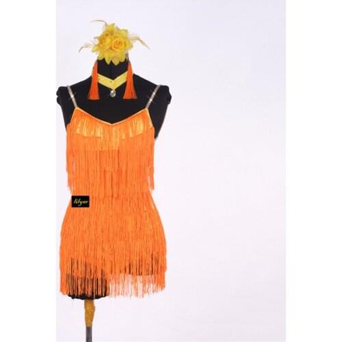 Sexy Latino Dancing Dresses For Ladies Orange Color Tassel Skirts Lady Women Professional Square Ballroom Exercise Dress 1052