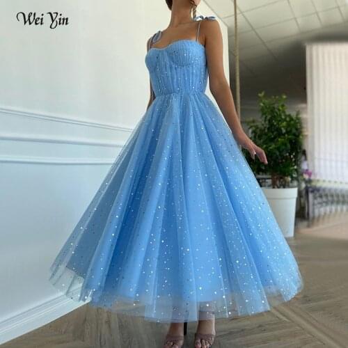 Weiyin AE0535 Blue A-Line Simple Prom Dresses Tulle Spaghetti Strap Ankle Length Formal Party Wear Gown 2021