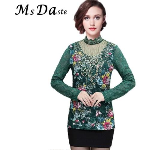 Women Lace Blouses 2019 Turtleneck Sexy Bodycon Floral Embroidery Lady Shirts Mom Tees Shirts Femme Blusas Feminina Red Blue Red