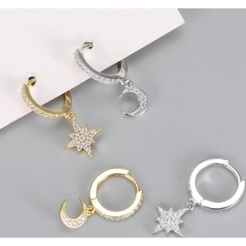 New Fashion cubic zircon Star And Moon 925 Sterling Silver Earrings Charms star Hoop Earrings For Women Man Girls Korean Jewelry