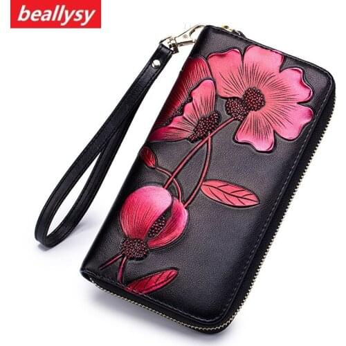 Flower Genuine Leather Women Wallet Female zipper Long Walet clamp for money Coin Purse Clutch Card Holder Vallet Portomonee