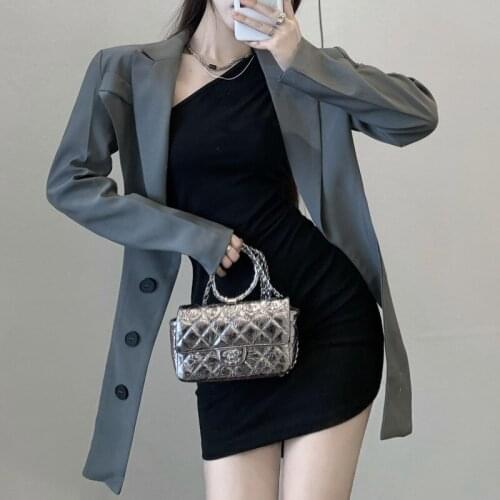 Vintage Design Sense Short Blazer Female Long Sleeve + Slim One-shoulder Dress Two-piece Sets Women Conjuntos De Vestido Autumn