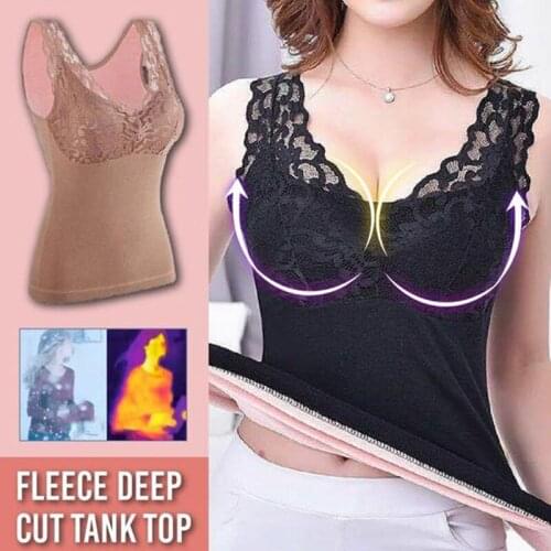 Women Fleece Lined Underwear Tops Built-in Bra Padded Lace Cami Tank Top Vest SDFA88