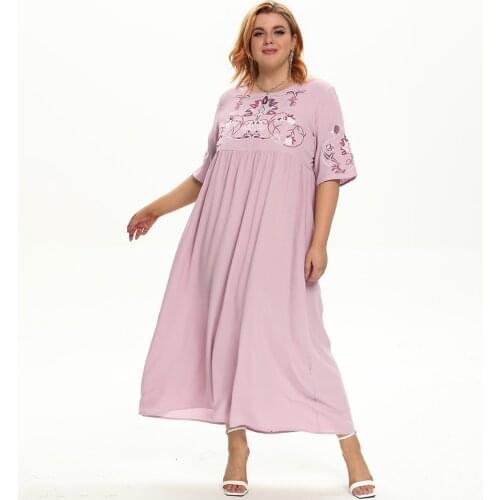 FridayIn Spring Autumn Women Fresh Floral O Neck Cloth Solid Color Loose Large Size Polka Dot Top Pink Muslim Dress Charme Lady