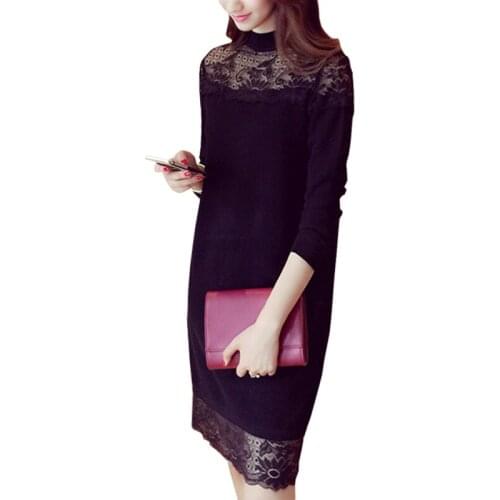 2021 Autumn Sweater Dress New Lace Stitching Jumper Round Neck Long Pullover Bottoming Sweaters Women Thin Vestidos LXJ218