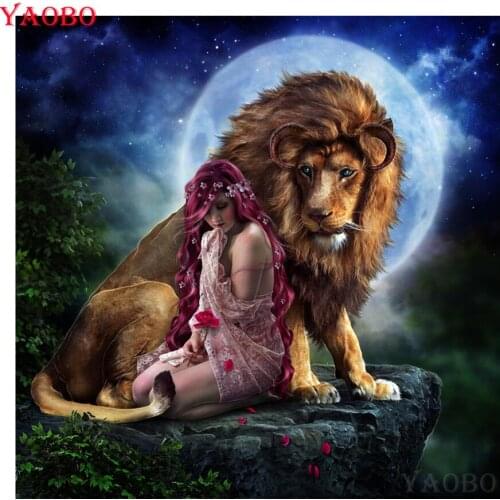 100% Full round 5D Diy Daimond Painting Beauty and lion 3D Diamond mosaic square Rhinestone Diamant Painting Embroidery beaded
