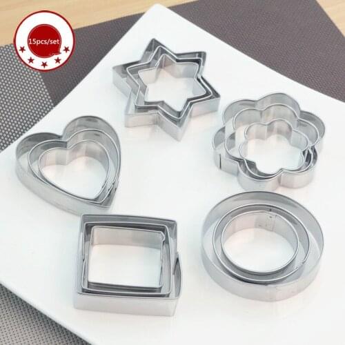 15PCS/SET Stainless Steel Cookie Biscuit Cutters Round Star Heart Flower Square Shape Molds Diy Moulds For Fruit Vegetable