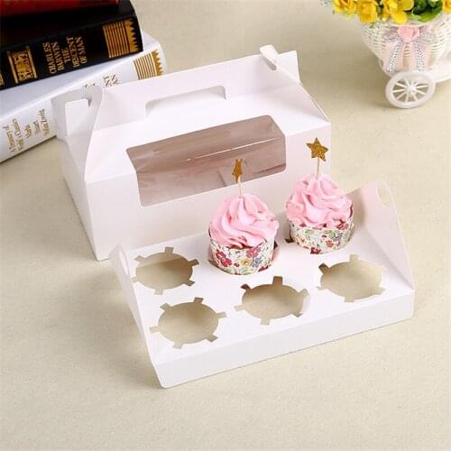 250Pcs/lot 6 Cavity Elegant White Cupcake Packaging Box with Corner Window Portable Handle Muffin Boxes