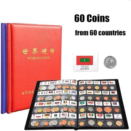 60PCS Coins From Different Countries of World Set Original Real Mint Coin With Leather Album World Collection Gift Souvenir