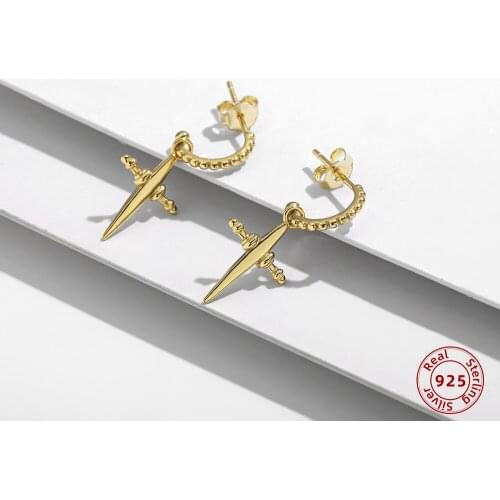 925 Sterling Silver Cross Hanging Earrings for Women Gold Color Punk Rock C-shaped Beaded Drop Earrings Fine Jewelry