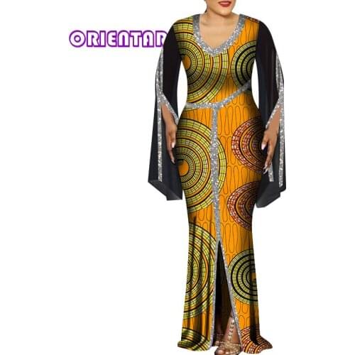 African Dresses for Women 2021 Elegant V-neck Sequin Vestidos African Print Clothing Women Long Dashiki Prom Dress Party WY8730