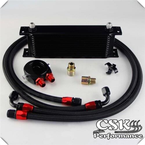 AN8 13 Row 248mm Universal Engine Transmission Oil Cooler British Type + Aluminum Filter Hose End Kit Black/Blue
