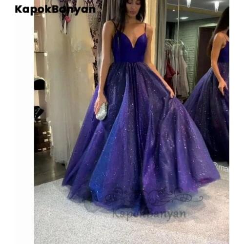 Shiny Fabric V-neck Lace up Long Prom Dresses Purple Backless Floor Length Tulle Party Gown