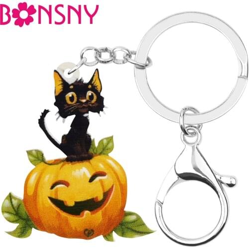 Bonsny Acrylic Halloween Pumpkin Lantern Cat Keychains Print Pet Animal Keyring Jewellery For Women Kids Funny Car Decoration