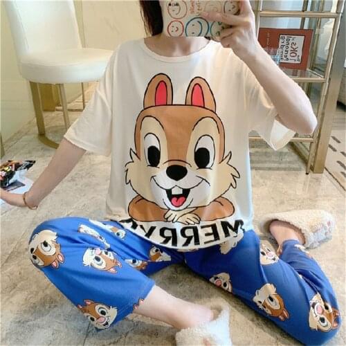 Girl cartoon Donald Duck Lion King squirrel print pajamas women loose short-sleeved trousers suit cute sweet pajamas home set