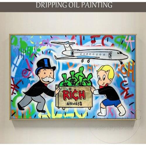 Pure Hand Painted High Quality Fashion Wall Art Cartoon Rich Man Acrylic Painting on Canvas Rich Man Push Money Acrylic Painting