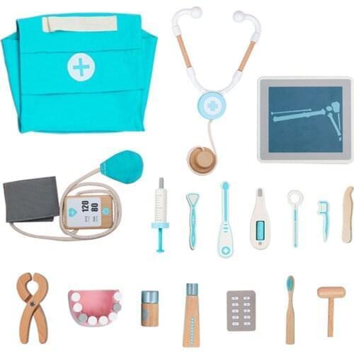 17Pcs Set Children Wooden Doctors Case Role Play Pretend Toy Set Includes Stethoscope Otoscope Inspection Tool Doctor Cosplay
