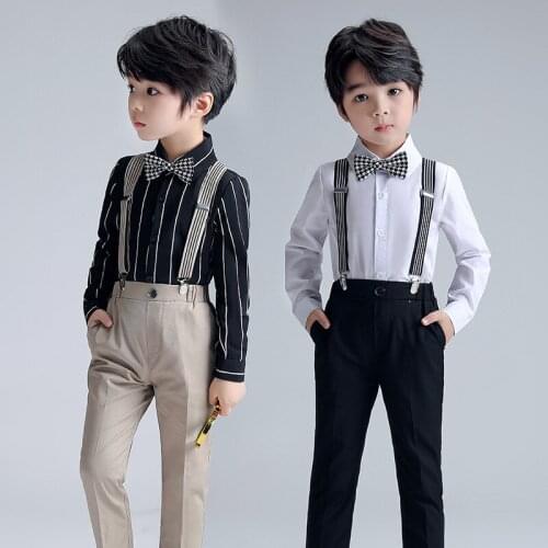 Childrens Clothing Set Spring Summer Baby Boys Suspender Pants Handsome Suits Striped Shirt Pants 2pcs Kids Performance Clothes