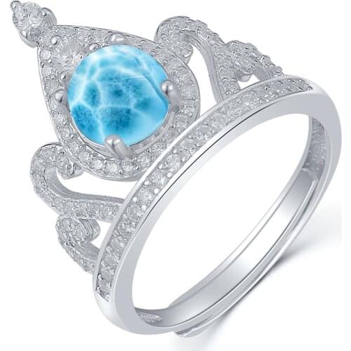 Round 0.8ct Natural Larimar in 925 Silver Larimar Crown Ring/larimar en republica dominican/larimar stone natural For Engagement