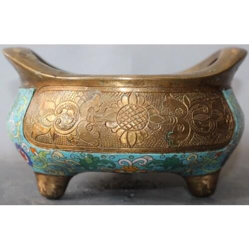Song voge gem S1668 8" Old Marked Chinese Cloisonne Bronze Gold Flower 3 Foot Incense Burner Censer