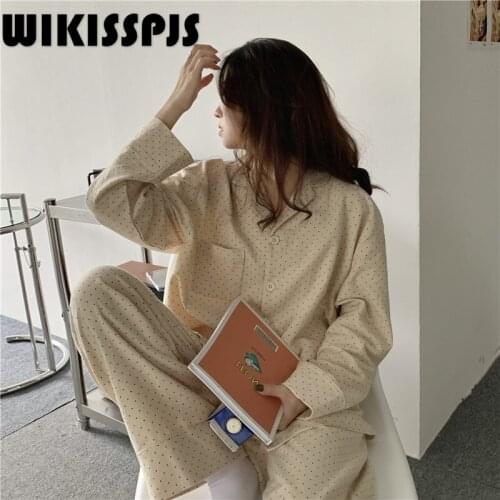 WIKISSPJS 2021 New Cotton Housewear Autumn Polka Dot Long Sleeve Cardigan Loose and Comfortable Suit Lounge Sets Loungewear