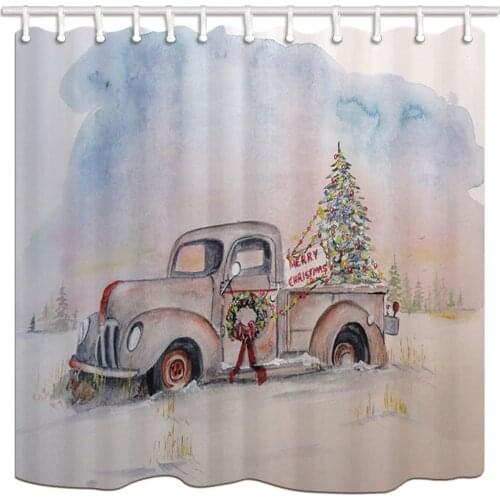 New Year Christmas Tree Old Truck, Polyester Fabric Bath Curtains