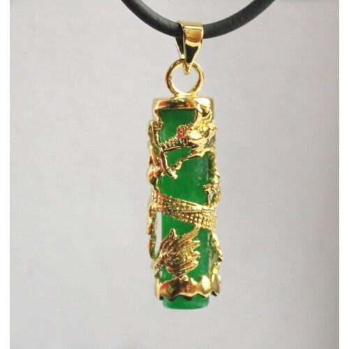 Wholesale/retail beautiful Chinese Wind Cylinder green natural jade +18K Dragon Pendants Necklace