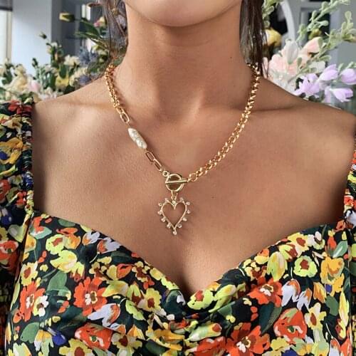 Punk Pearl Chain Neck Heart Pendant Necklaces for Women Fashion Hip Hop Gold Color Thick Choker Necklaces Gothic Retro Jewelry