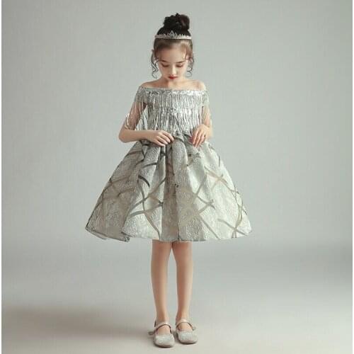 Flower Girl Dress Sequined Beading Embroidery Boat-Neck Short Princess Knee-Length Luxury Off The Shoulder Kids Party Gown H360