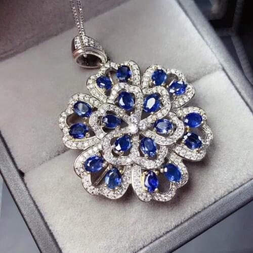 Natural blue sapphire pendant S925 silver Natural gemstone Pendant Necklace Luxurious big round Hydrangea women party jewelry