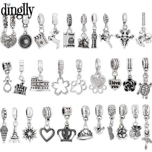 10PCS / LOT SILVER Color Heart Reindeer Dangle I Love You Pendant Crown Charm Fit Diy Bracelets Necklace Jewelry Accessories