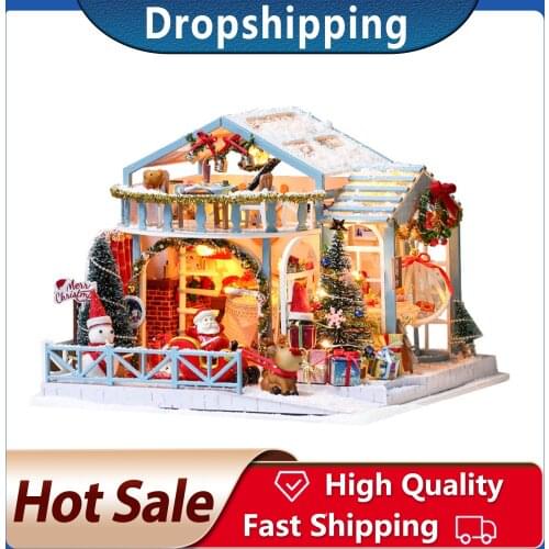 Christmas Snowy Night Dollhouse Model Assembled Christmas Wooden Dolls Houses DIY House Kit Christmas Gift