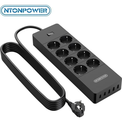 NTONPOWER USB Power Strip with 3 Meter Extension Cord Network Filter 1700J Surge Protector for Home Wall Mounted EU Plug