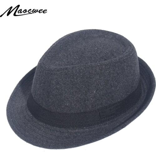 Classic Solid Mens Dad Fedora Hats For Gentleman Faux Woolen Jazz Church Cap Women Fedoras Autumn Winter Wide Brim Felt Top Hat