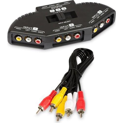 RCA Splitter with 3-Way Audio, Video RCA Switch Box + RCA Cable for Connecting 3 RCA Output Devices to Your TV