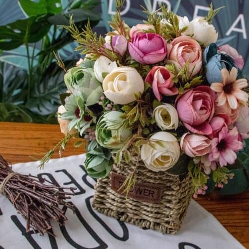 Vintage Silk Flower 1 Bouquet Artificial Flowers Fall Vivid Peony Fake Leaf Wedding Home Party Decoration 12 Heads