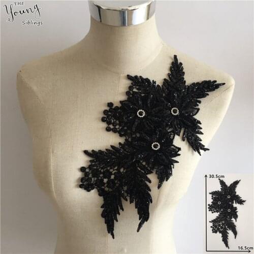 High quality Black Embroidery Applique Sequin 3D flower Sewing Lace Neckline DIY Craft Rhinestone Lace Collar Dress Accessories