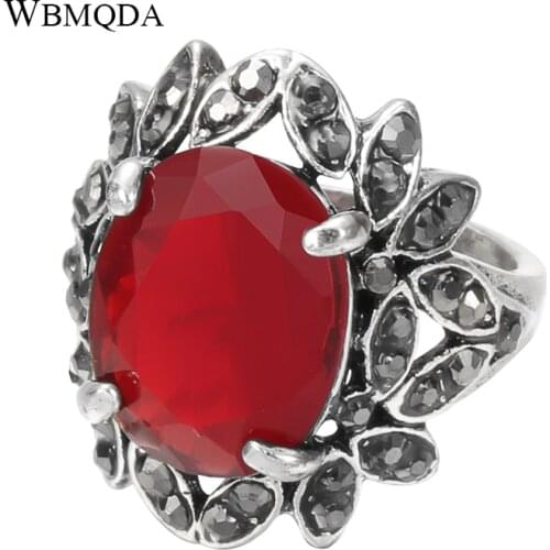 Wbmqda Fashion Red Stone Ring For Women Tibetan Silver Crystal Flowers Ethnic Wedding Bridal Jewelry Retro Rings