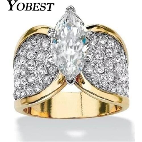 Yobest 2019 New Gold Color Big Oval Zircon Wedding Rings for Women Fashion CZ Stone Round Jewelry for Men