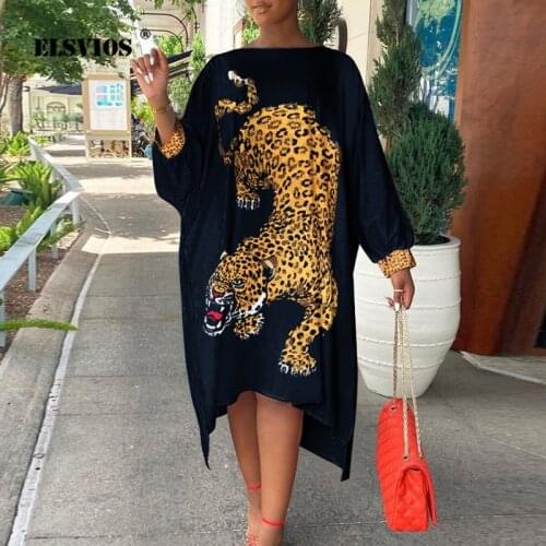 New Autumn Women Casual Loose Dress Sexy Bat Sleeve O Neck Wave Point Leopard Print Irregular Dress Ladies Elegant Party Dresses
