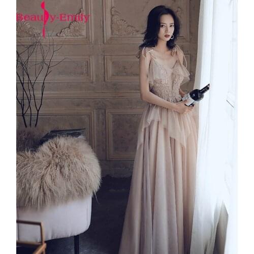 Beauty Emily Sexy V Neck Spaghetti Strap Evening Dress Long Lace Appliques Beading Khaki Tulle Evening Gown for Women