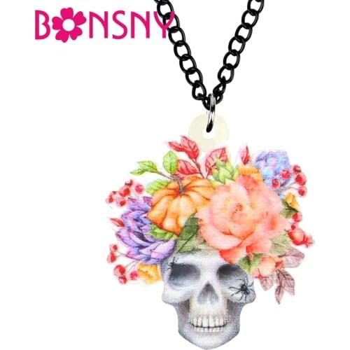Bonsny Acrylic Halloween Flower Skull Necklace Choker Collar Pendant Chain Jewelry For Women Girls Kids Charms Gift Accessories