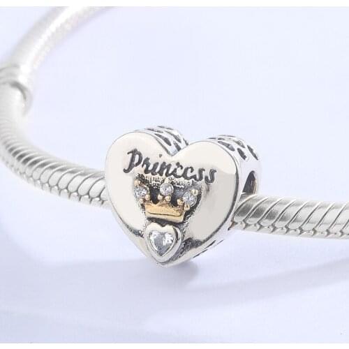 High Quality Newest Inlay Crown Heart Princess S925 Bead Bangle Bracelet Diy Jewelry Accessories For Baby Girls And Daughter