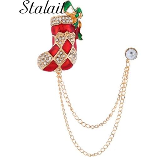 DIY Christmas Enamel Crystal Brooches For Women Girl Cute Socks Gold Chain Xmas Pins Jewelry Gifts 2019 New