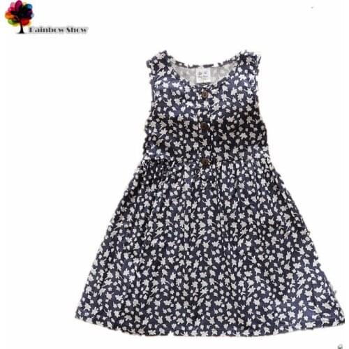 New Summer Female Child Dark Blue Flowers Cotton Girl Dress Vest Dress Children Clothing